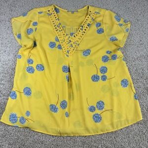 Daniel Rainn Womens Yellow Floral Blouse Short Sleeve Crochet Neck Top XL